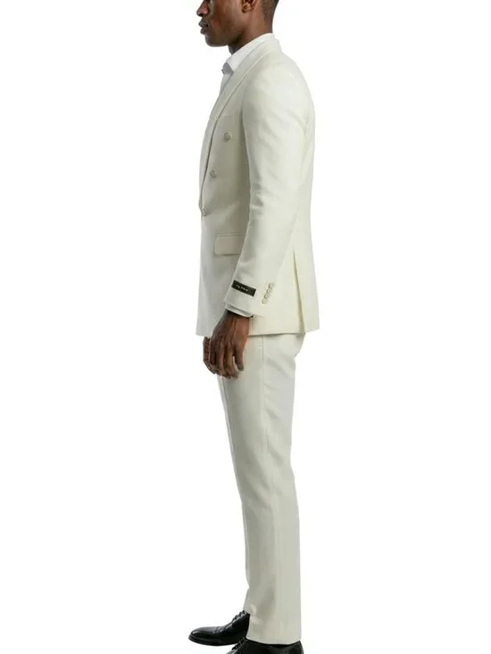 Ivory Double Breasted Wide Shawl Lapel 2 Piece Skinny Fit Men's Suit - Picture 3 of 3